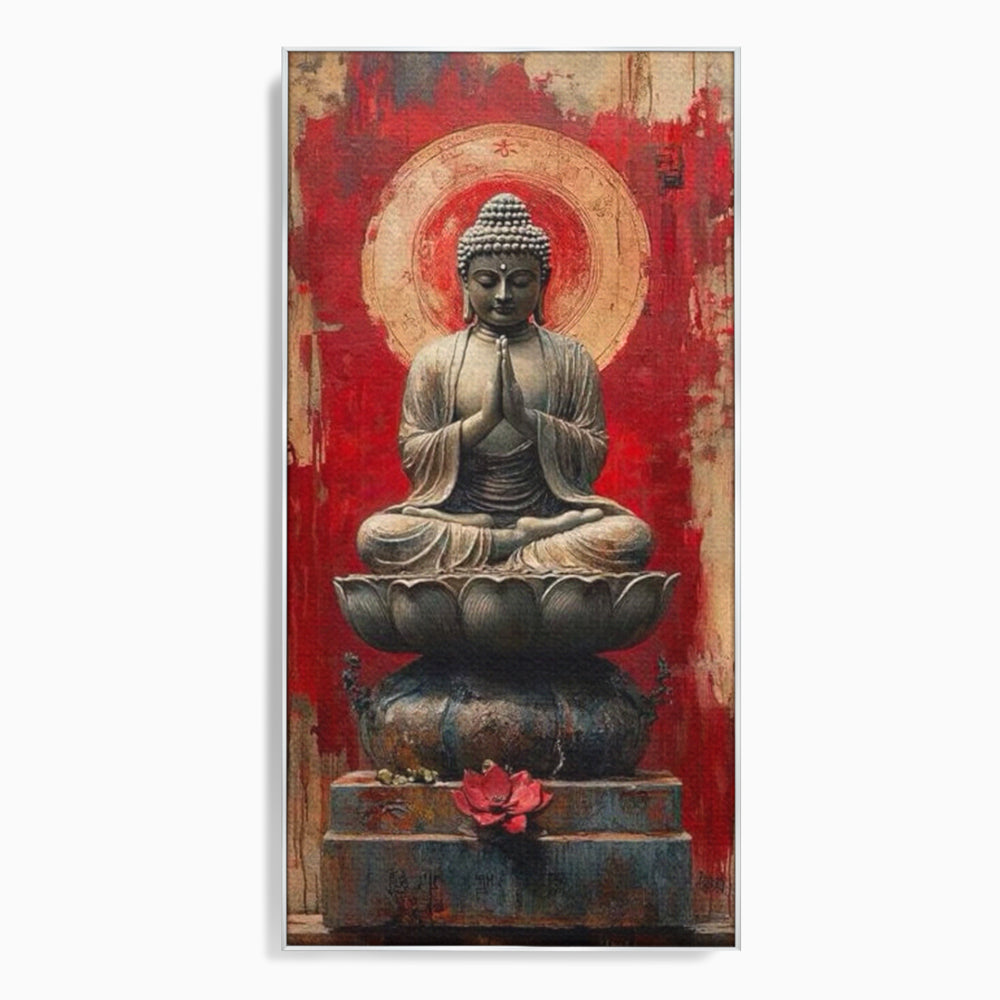 Tablou canvas cu tablou canvas cu statuie buddha pe floare de lotus, in rama de aluminiu argintiu
